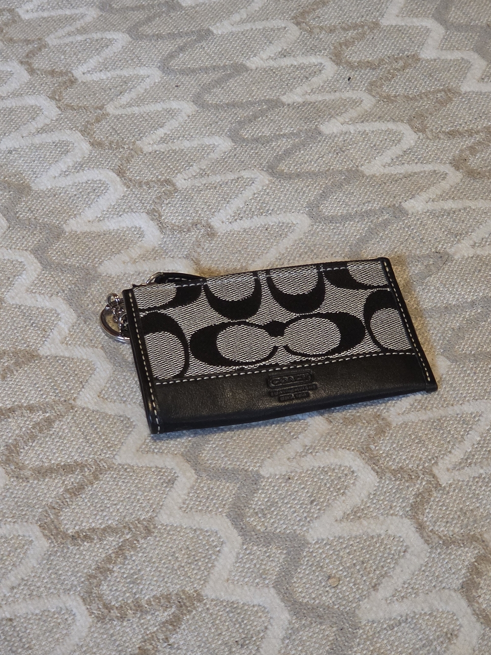 Coach Signature Black & Cream Card Case with Key Ring